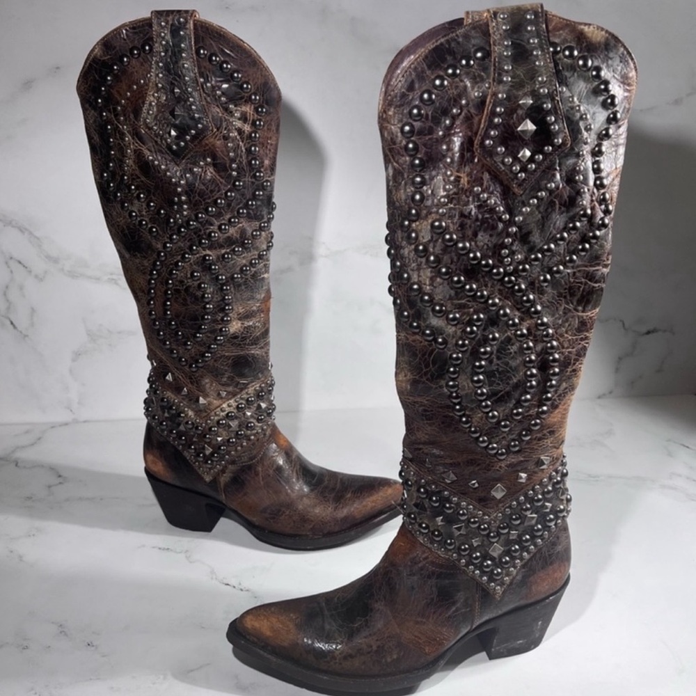 Old Gringo Belinda 18” Studded Distressed Tan Leather Cowboy Western Boots